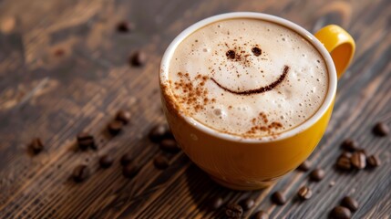 Wall Mural - A cup of coffee with a smiley face drawn on it