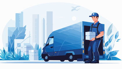 Delivery man in uniform with box and truck. Flat vector illustration.