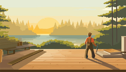 Wall Mural - Lumberjack with chainsaw on the pier at sunset. Vector illustration