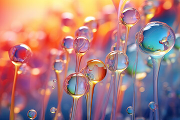 Poster - Pink holographic bubbles floating on the soft colorful abstract background in beautiful vivid tones.