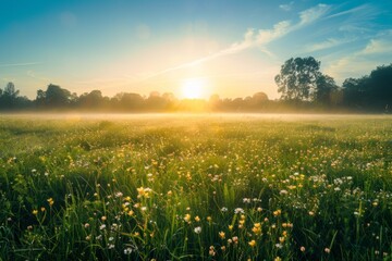 sunrise over the meadow, a field of tall grass and wildflowers with mist rising from it the sun is j