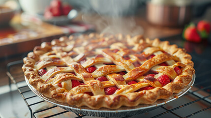 Sticker - Finished strawberry pie on a cooling rack, steam rising, homey kitchen background 