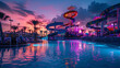 © fotogurmespb - Twilight view of an illuminated waterpark with neon lights and reflections on water