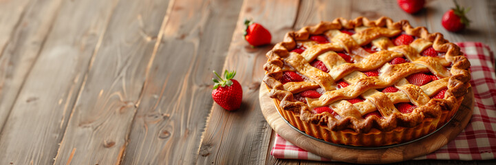 Wall Mural - Vintage style image of a freshly baked strawberry pie on a gingham cloth, nostalgic 