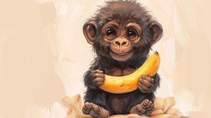 Wall Mural - A baby monkey holding a banana