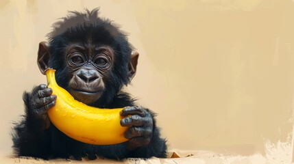 Wall Mural - A baby monkey holding a banana