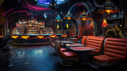 Sci-fi interior of futuristic space bar or saloon with neon cyberpunk decorations.