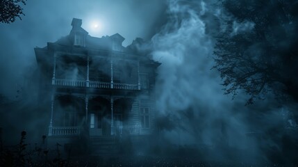 Wall Mural - A ghostly figure is walking through a dark hallway with smoke and fog