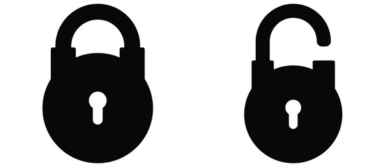 Wall Mural - Black isolated icon of locked and unlocked lock on white background. Set of Silhouette of locked and unlocked padlock. Flat design. vector illustration. eps 10