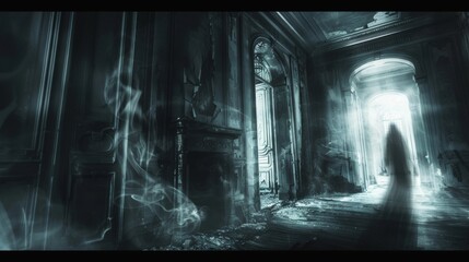 Wall Mural - A man is walking through a dark hallway with smoke and fog