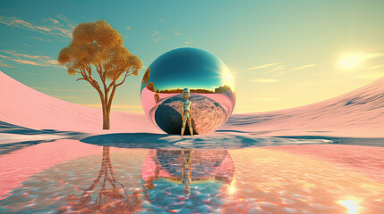 Aufkleber - Surreal vaporwave scene with golden ball on the landscape with mountains and sea. 90s styled abstract surreal pink composition