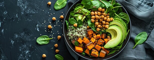 Wall Mural - Top view of a salad with avocado, quinoa, sweet potato, spinach, chickpeas in a black bowl