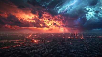 Lightning top view Top view capturing the dramatic spectacle of a lightning storm over a large city, illustrating the raw power of nature Scifi tone, Triadic Color Scheme