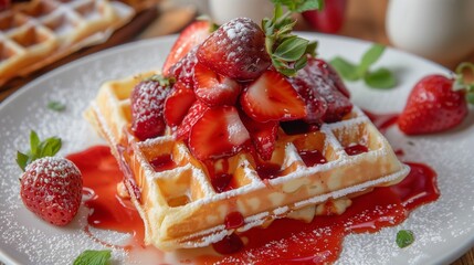 Poster - AI generated illustration of waffle topped with strawberries