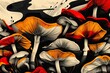 Artistic rendering of mushrooms in a monochrome palette with vibrant orange and red accents