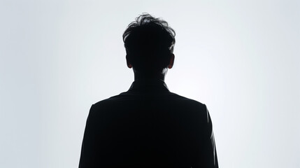 Silhouette of hidden male middle - aged person over white , back lit light , studio shot isolated on white background