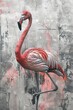 Striking artistic depiction of a red flamingo against a textured grey and pink abstract background