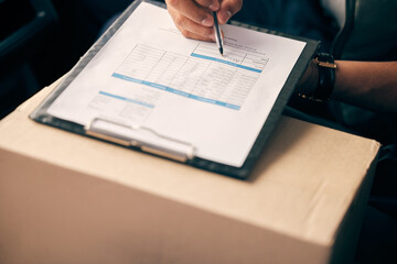 Aufkleber - Logistic, hand and clipboard on box with pen for checklist, inspection and courier for products as job. Person or driver, service and supplier with documents, shipping and delivery of parcel