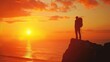 Traveler with backpack silhouetted against setting sun on cliff edge, realistic portrait style, vibrant sky