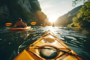 Wall Mural - a group of friends kayaking on a scenic river, capturing the sense of adventure and exploration inherent in outdoor water sports during the summer