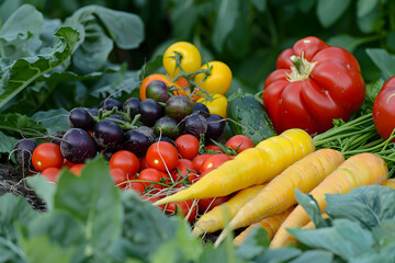 Wall Mural - a colorful assortment of freshly harvested vegetables from a summer garden, showcasing the bounty of nutritious produce available during the season