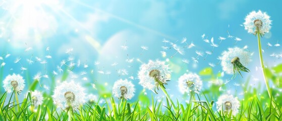 Beautiful spring background with dandelions flying in the air and green grass on a sunny day Nature concept Generative AI