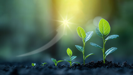 Sprouting seedlings from small to large, with an increasing arrow watermark above the seedlings, symbolizes outstanding growth and success.