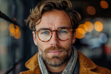 Canvas Print - Close-up portrait of a stylish, bearded man with striking blue eyes and glasses, looking thoughtfully at the camera