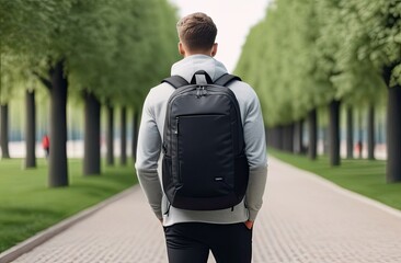 Close up of a black backpack on a man's back