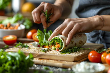 Wall Mural - a person's hands assembling a sandwich or wrap with fresh ingredients, ideal for representing quick meals, lunchtime, and on-the-go eating