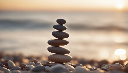 Wall Mural - Perfect balance of stack of pebbles at seaside towards sunset
