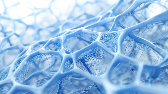 Generate an image of a 3D rendering of a blue organic structure, resembling a complex network of interconnected branches and nodes