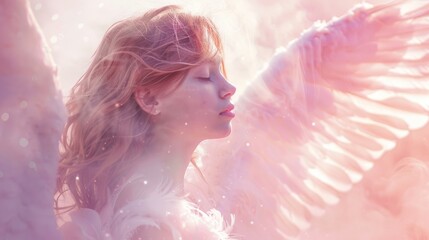 Poster - A woman with long blonde hair is depicted as an angel with wings