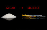 Fototapeta  - Image with a pile of sugar and some insulin syringes on a black background with the inscription SUGAR CAUSES DIABETES
