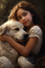 Wall Mural - Cute girl hugging her dog