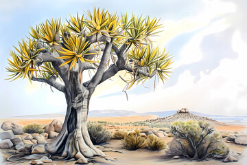 Wall Mural - Quiver tree (Aloe dichotoma) (Colored Pencil) - Southern Africa - Succulent trunks & branches & get their name from their use in making quivers by indigenous San people. Adapted to arid conditions 