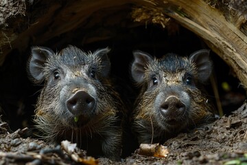 intriguing image of two wild boars peeking out from their den in a natural, earthy environment