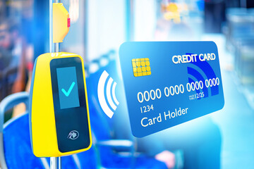 NFC payment technology on bus. Terminal for accepting pays in public transport. Credit card for cashless payment. Bus with equipment for pay via NFC. Modern tram with contactless payment terminal