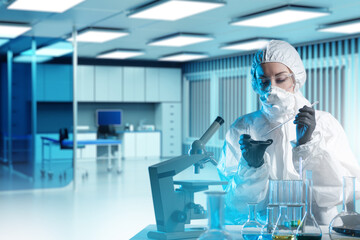 Poster - woman doctor laboratory assistant. clinic employee examines virus samples. scientist with pipette fo