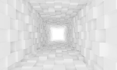 Poster - Light background. Geometric tunnel. White backdrop. Path made from volumetric cubes. Geometric wallpaper. Light texture. Abstract business background. Pattern for design. 3d rendering