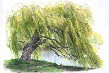 Poster - Willow (Salix) (Colored Pencil) - Worldwide - Deciduous trees or shrubs with slender branches and long, narrow leaves. Often found near water bodies and are known for their graceful appearance 