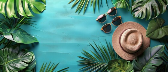 Wall Mural - Hat, Sunglasses, and Palm Leaves on Blue Background