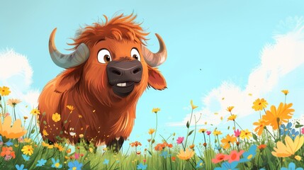 A cartoonish bull with a big horn stands in a field of flowers