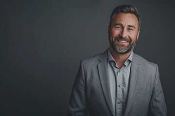 Wall Mural - A smiling businessman exudes confidence against a gray backdrop, with ample copy space.