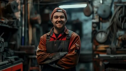 Wall Mural - Man in red and black jacket and hat is smiling