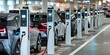 © StudioPix - A busy electric vehicle charging station at an airport with multiple cars connected to highspeed charging cables