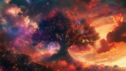 Wall Mural - tree with red leaves is main focus