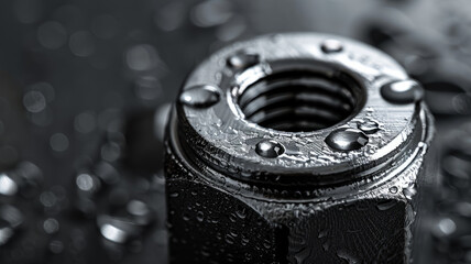 Wall Mural - Close-up of a metal screw with water droplets.