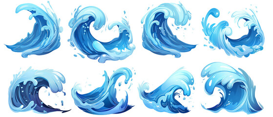 set of water wave, cartoon style vector illustration set of water waves with blue color and transpar