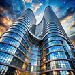 A futuristic skyscraper with an impressive array of curved glass windows, creating a visually dynamic facade. 